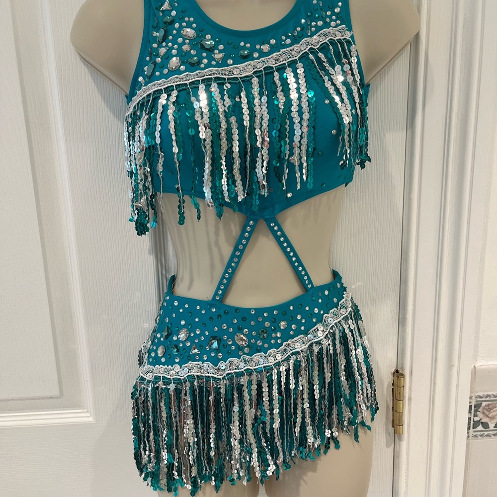 Teal Sequin Fringe Dance Costume- Child Large
